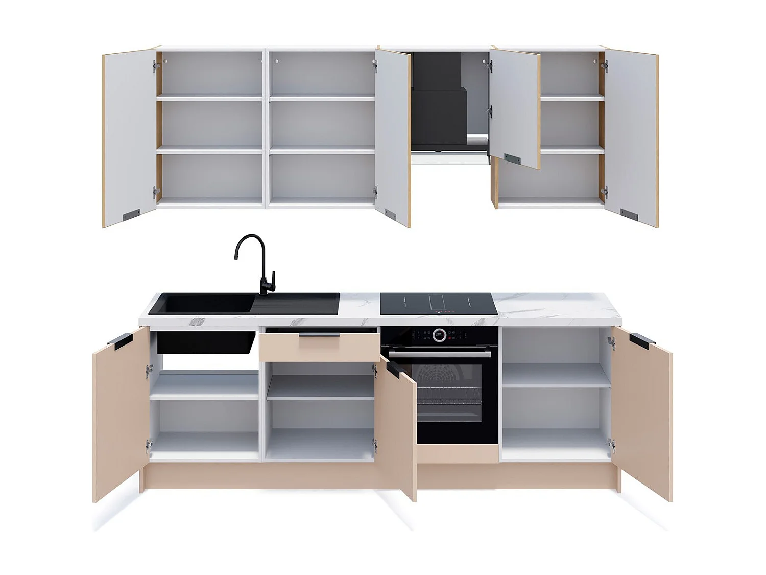 Ensemble de 8 meubles de cuisine - L. 245 cm - beige cachemire et chêne clair cannelé - Luzia Mix