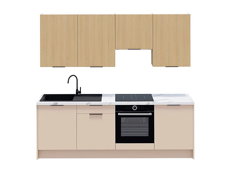 Ensemble de 8 meubles de cuisine - L. 245 cm - beige cachemire et chêne clair cannelé - Luzia Mix