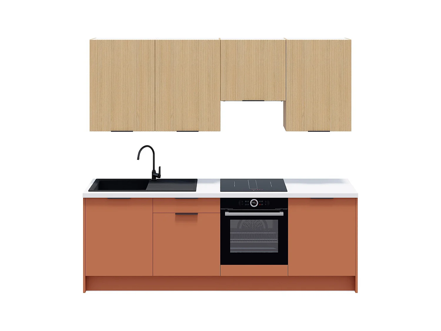 Ensemble de 8 meubles de cuisine - L. 245 cm - terracotta et chêne clair cannelé - Luzia Mix