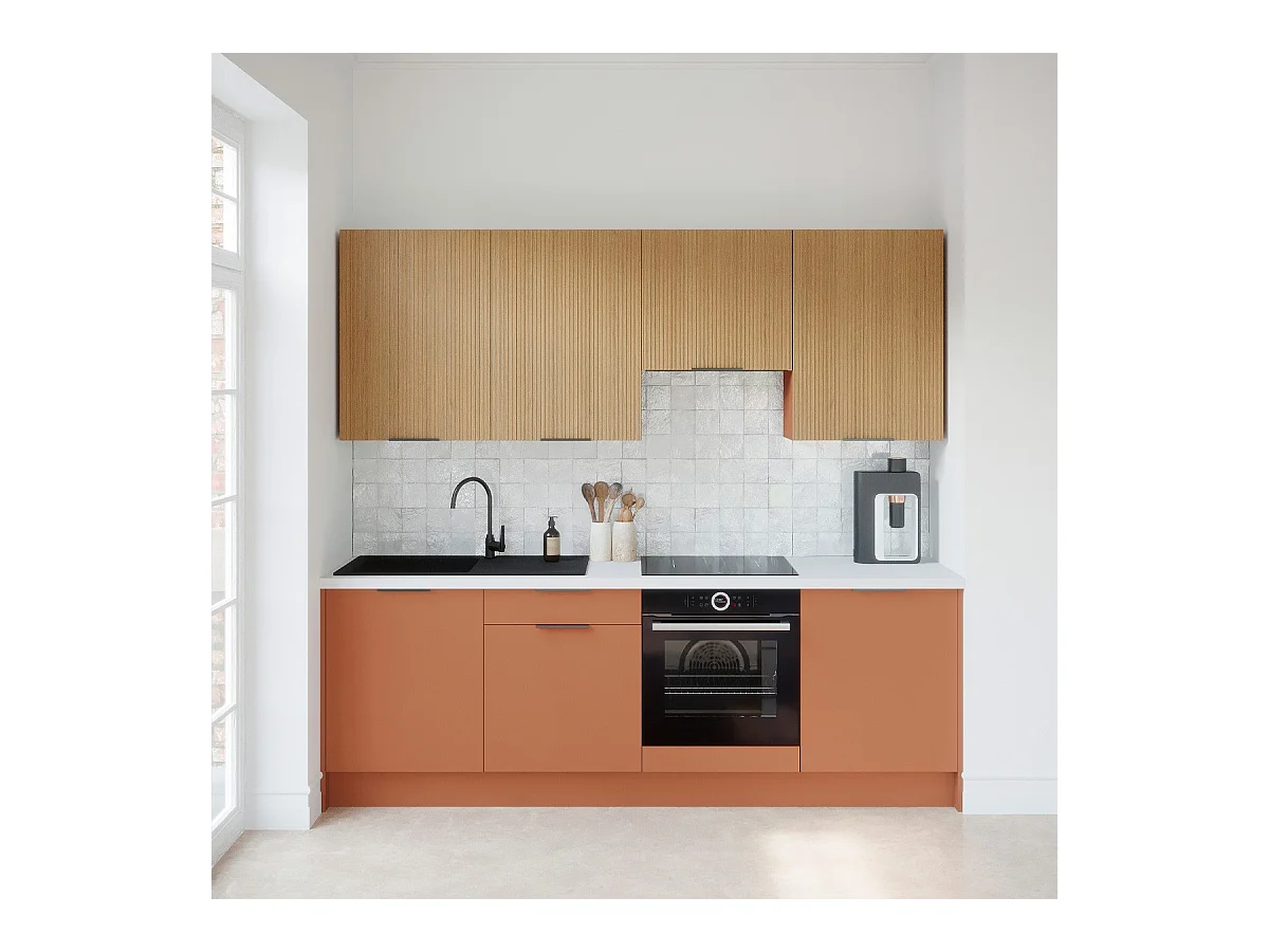 Ensemble de 8 meubles de cuisine - L. 245 cm - terracotta et chêne clair cannelé - Luzia Mix