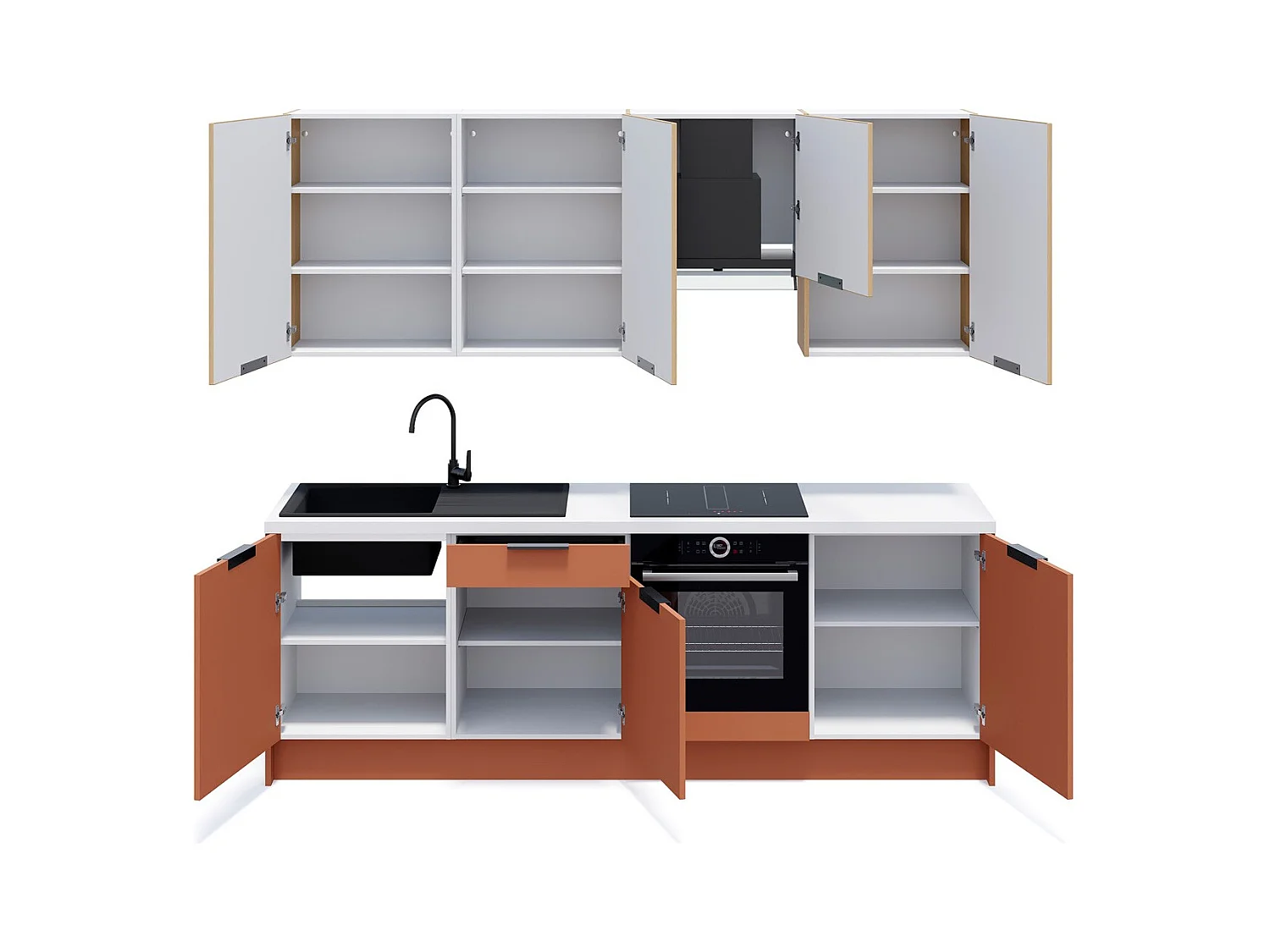 Ensemble de 8 meubles de cuisine - L. 245 cm - terracotta et chêne clair cannelé - Luzia Mix