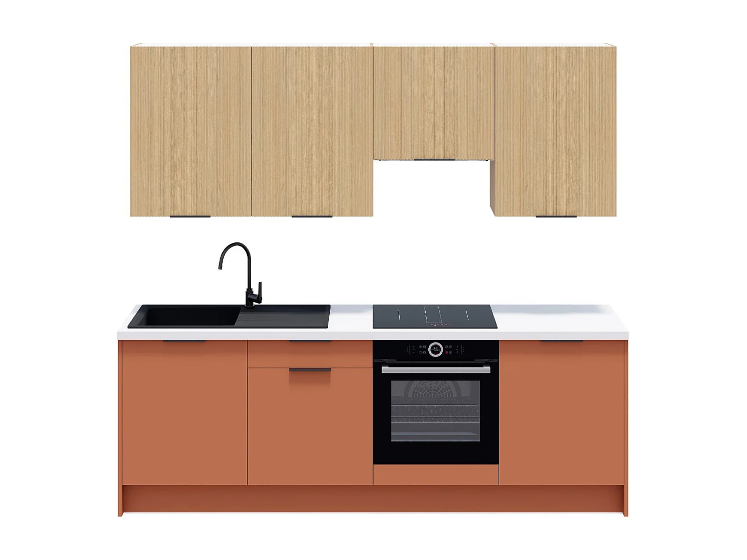 Ensemble de 8 meubles de cuisine - L. 245 cm - terracotta et chêne clair cannelé - Luzia Mix