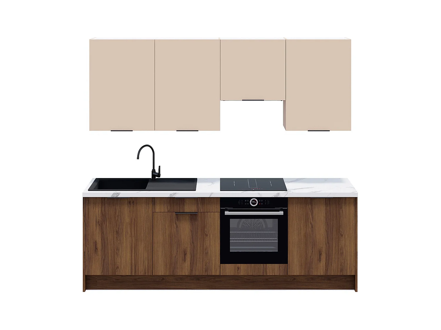 Ensemble de 8 meubles de cuisine - L. 245 cm - noyer brun et cachemire - Sierra Mix