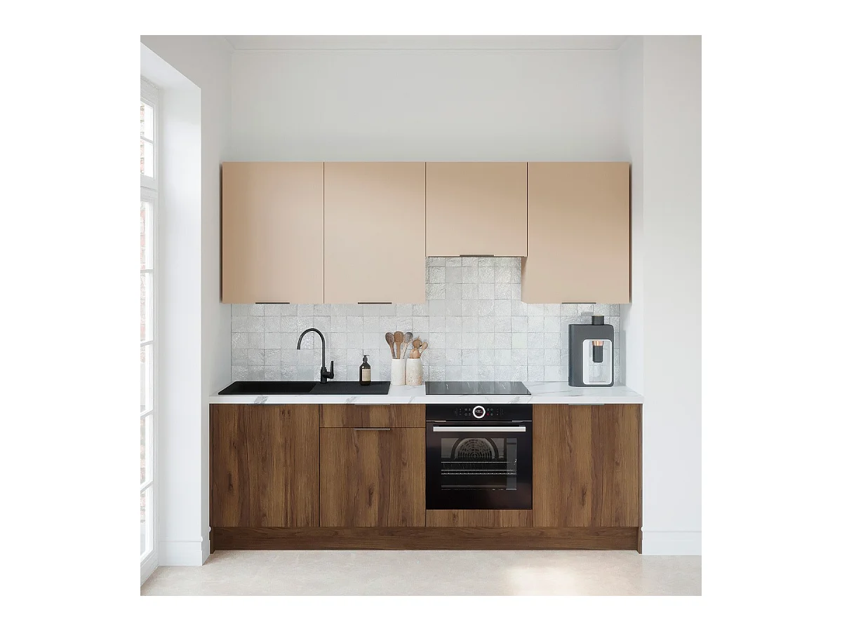 Ensemble de 8 meubles de cuisine - L. 245 cm - noyer brun et cachemire - Sierra Mix