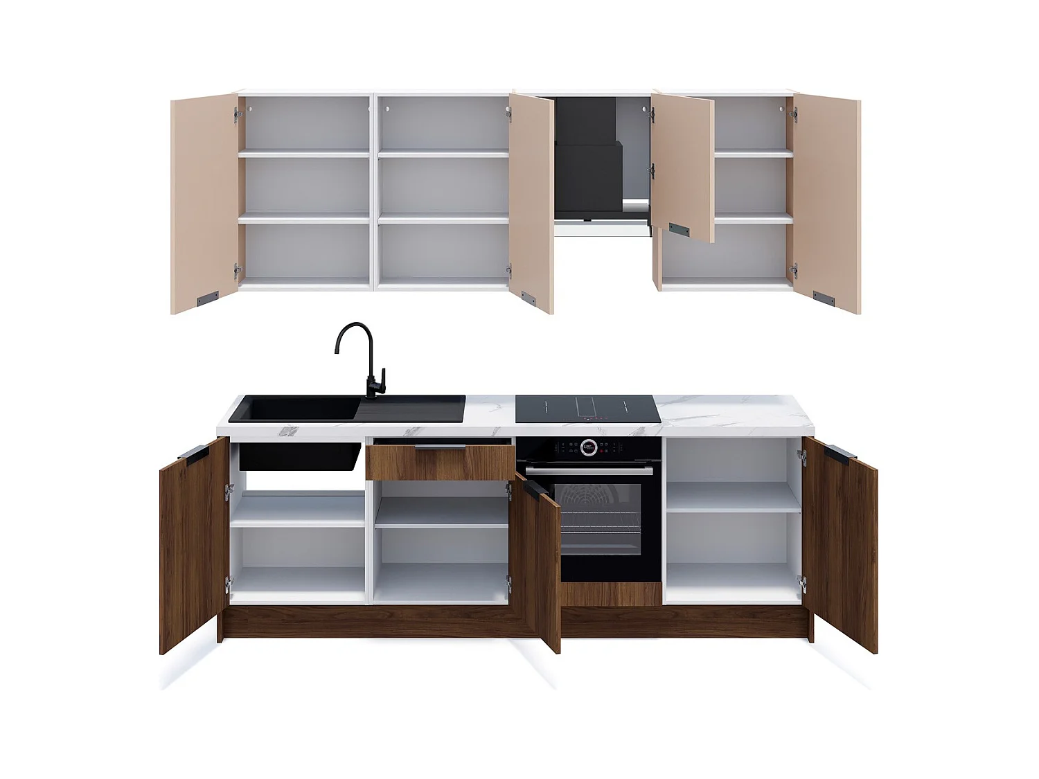 Ensemble de 8 meubles de cuisine - L. 245 cm - noyer brun et cachemire - Sierra Mix