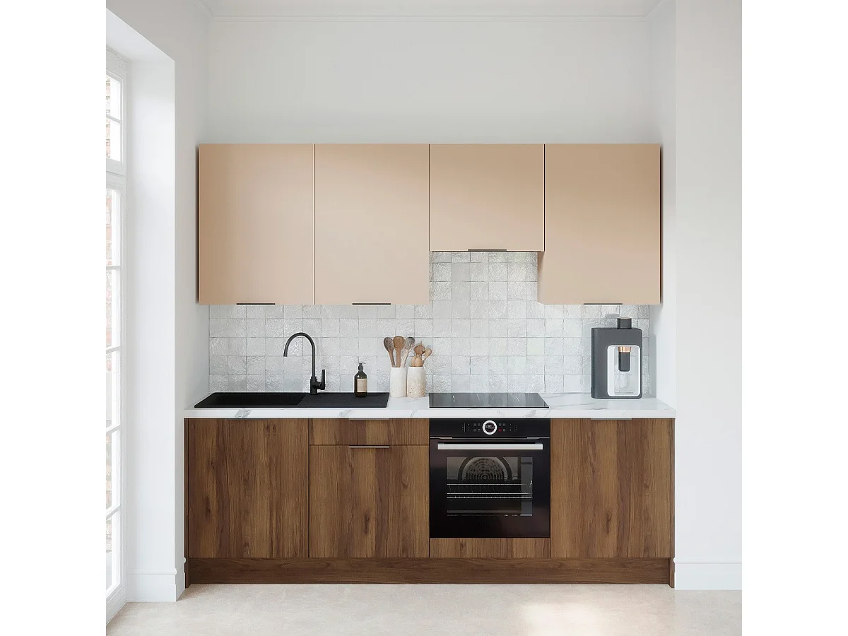 Ensemble de 8 meubles de cuisine - L. 245 cm - noyer brun et cachemire - Sierra Mix