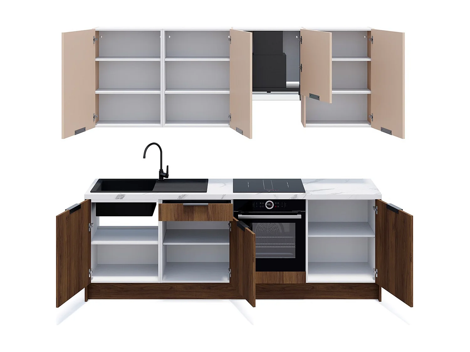 Ensemble de 8 meubles de cuisine - L. 245 cm - noyer brun et cachemire - Sierra Mix