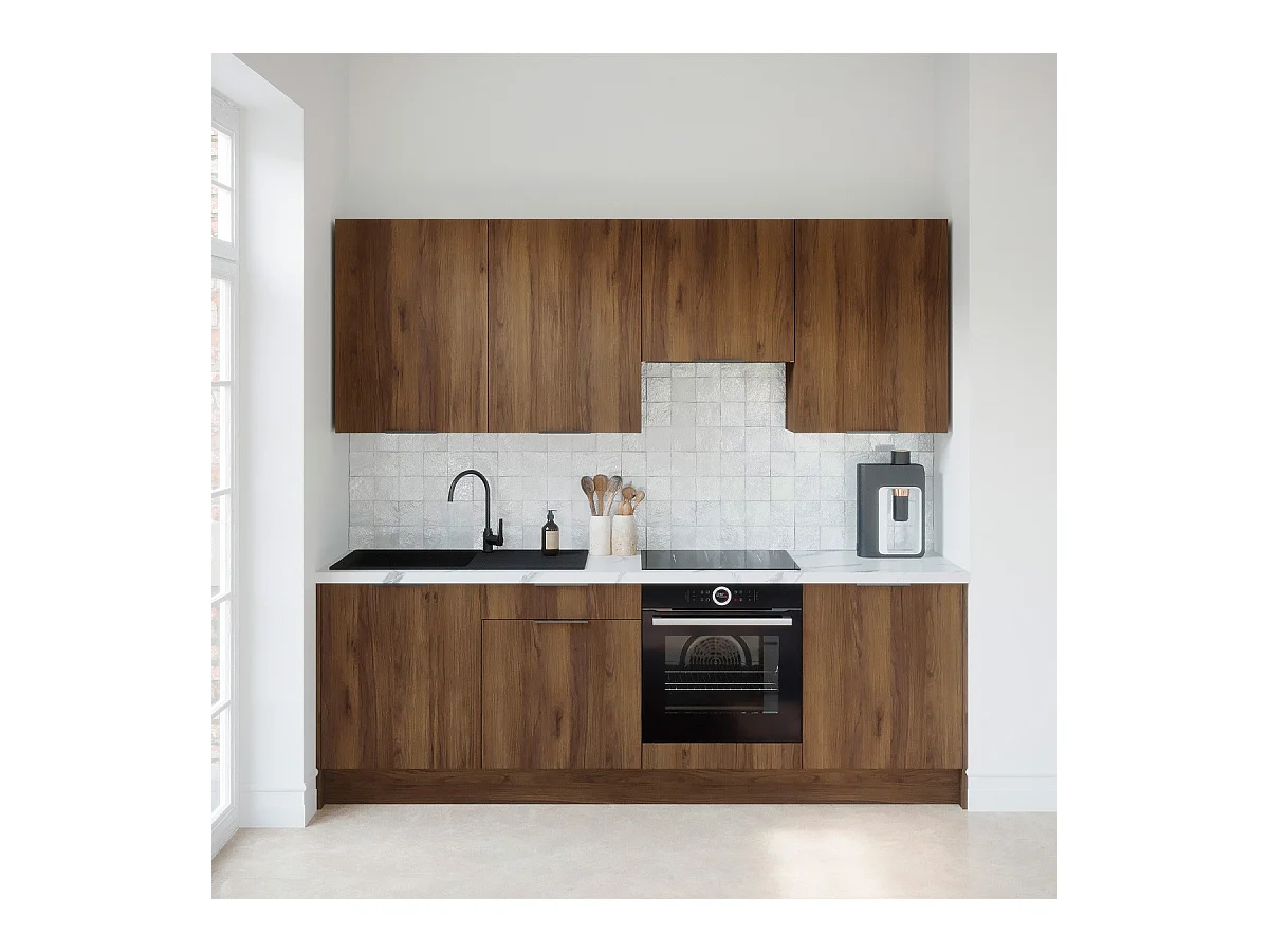 Ensemble de 8 meubles de cuisine - L. 245 cm - noyer brun - Sierra