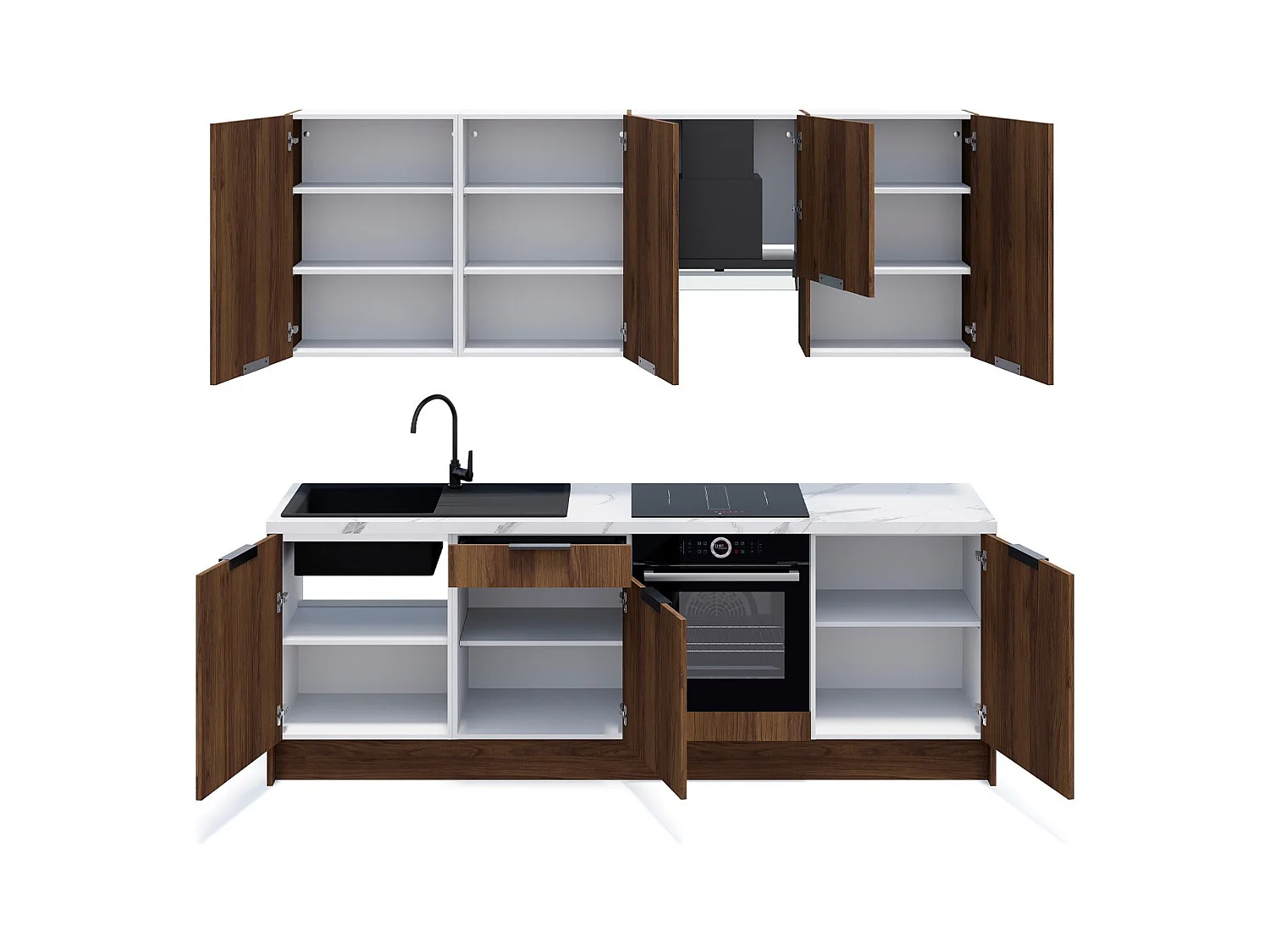 Ensemble de 8 meubles de cuisine - L. 245 cm - noyer brun - Sierra