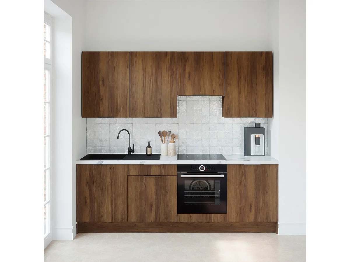 Ensemble de 8 meubles de cuisine - L. 245 cm - noyer brun - Sierra