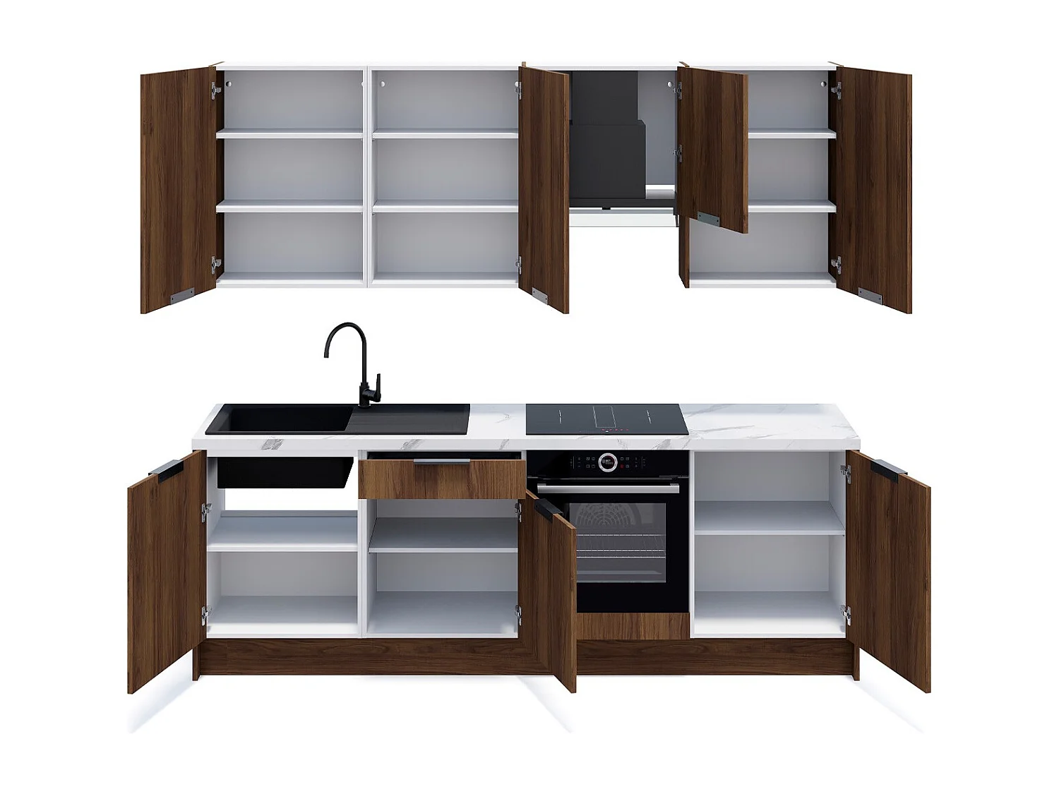 Ensemble de 8 meubles de cuisine - L. 245 cm - noyer brun - Sierra