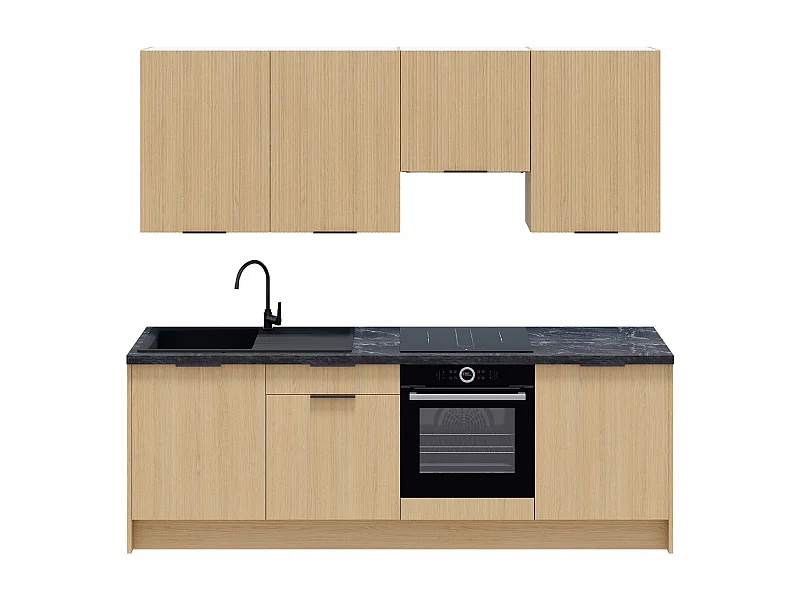 Ensemble de 8 meubles de cuisine - L. 245 cm - chêne clair et chêne clair cannelé - Sierra Mix