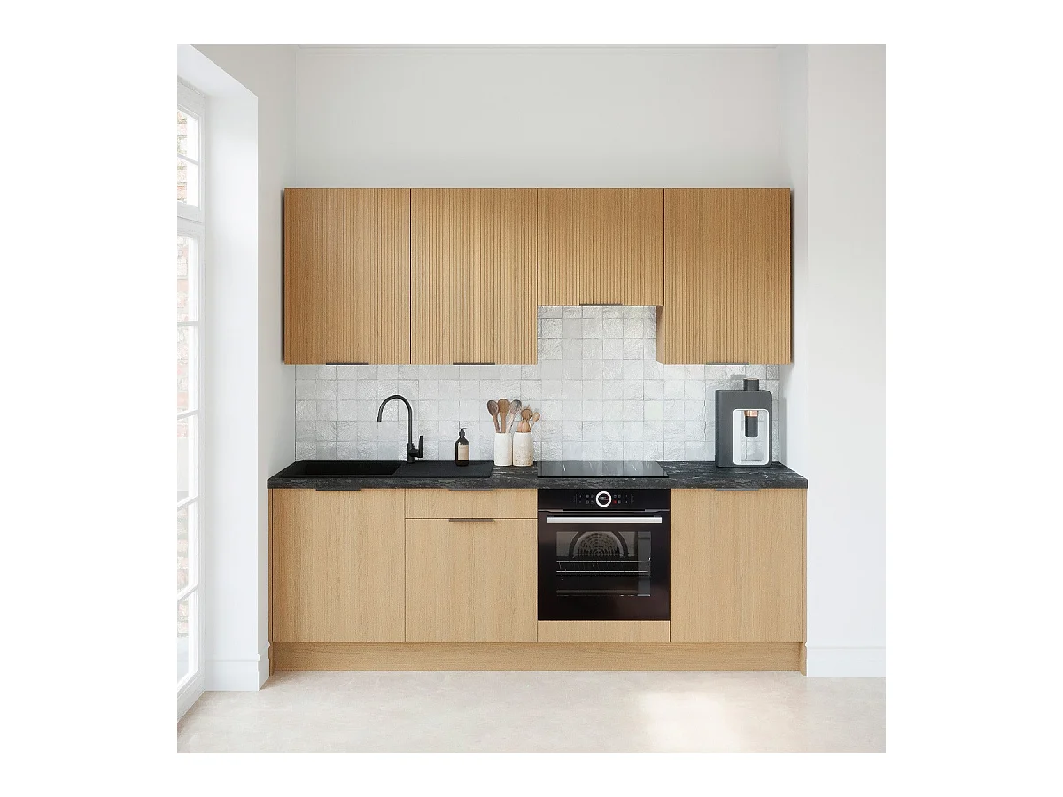 Ensemble de 8 meubles de cuisine - L. 245 cm - chêne clair et chêne clair cannelé - Sierra Mix