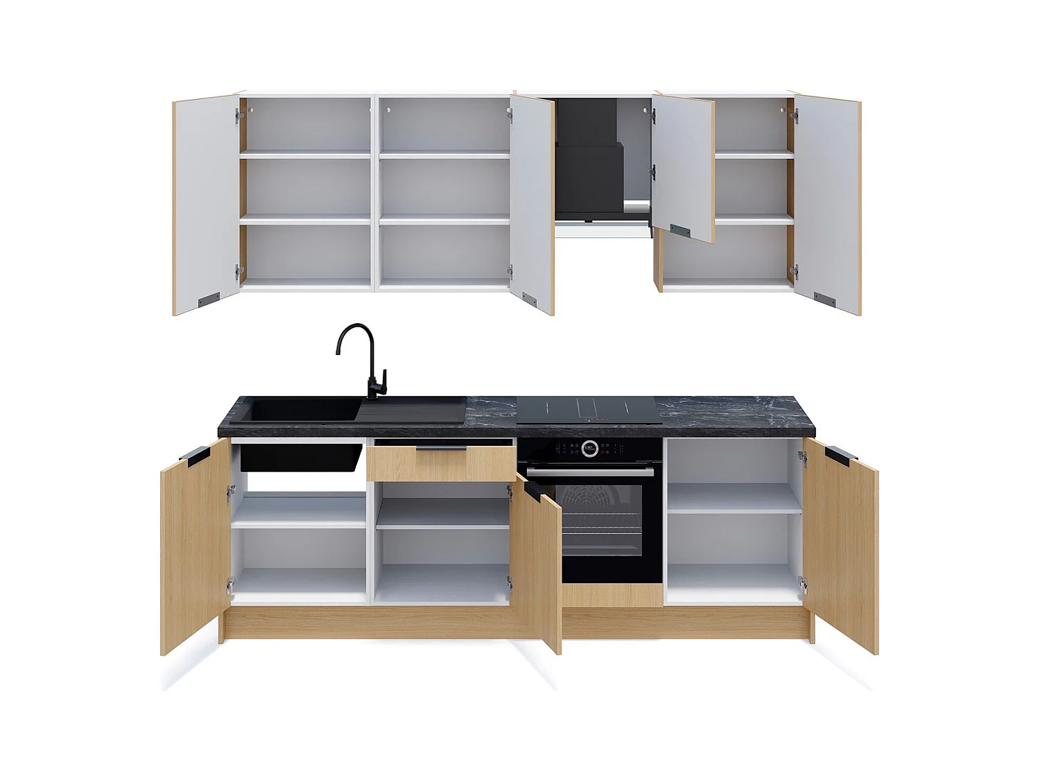 Ensemble de 8 meubles de cuisine - L. 245 cm - chêne clair et chêne clair cannelé - Sierra Mix