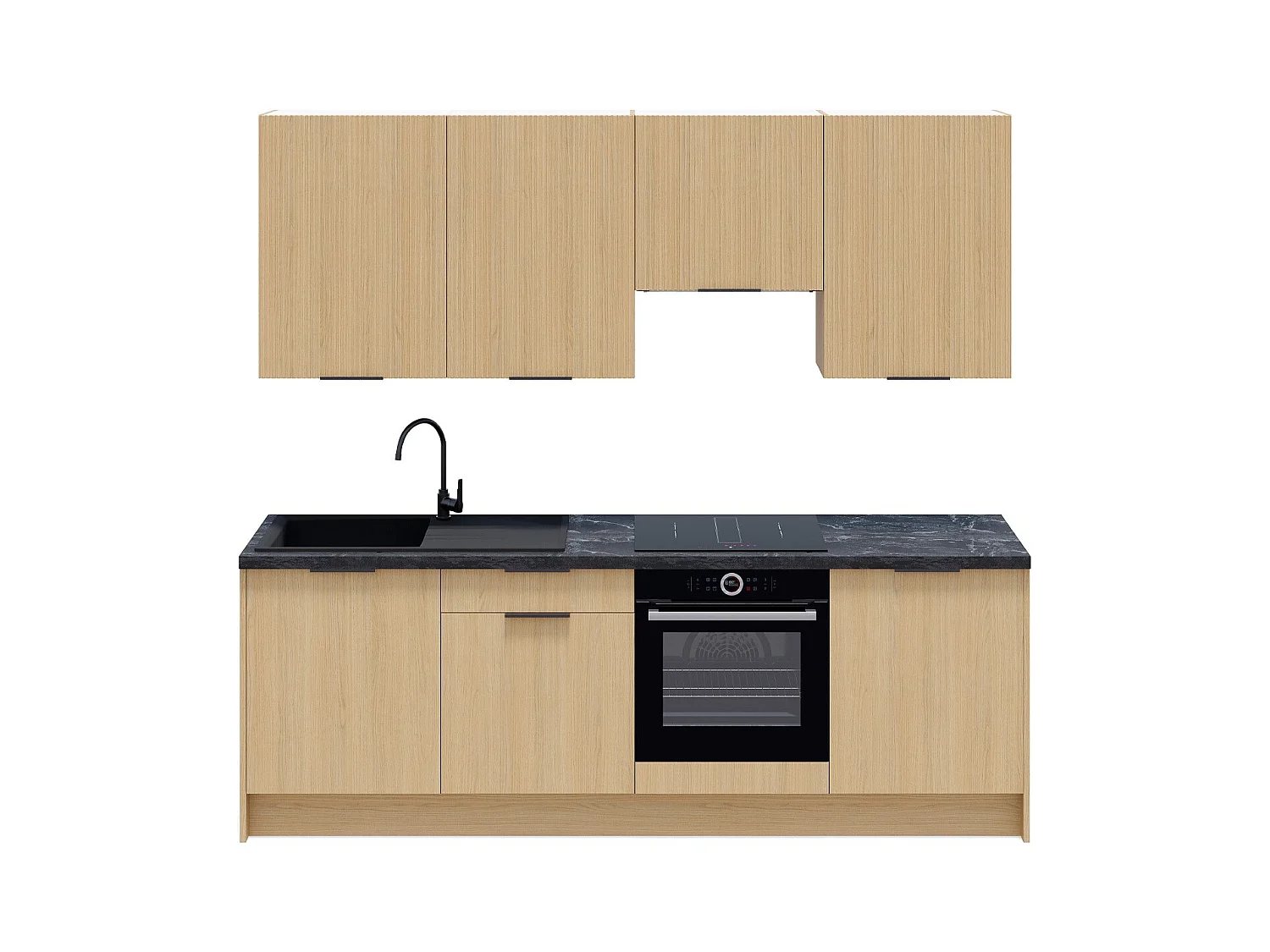 Ensemble de 8 meubles de cuisine - L. 245 cm - chêne clair et chêne clair cannelé - Sierra Mix