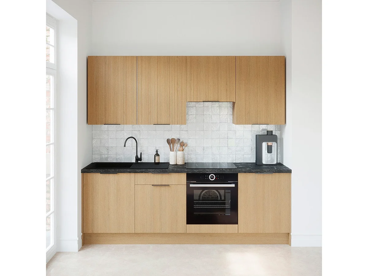 Ensemble de 8 meubles de cuisine - L. 245 cm - chêne clair et chêne clair cannelé - Sierra Mix