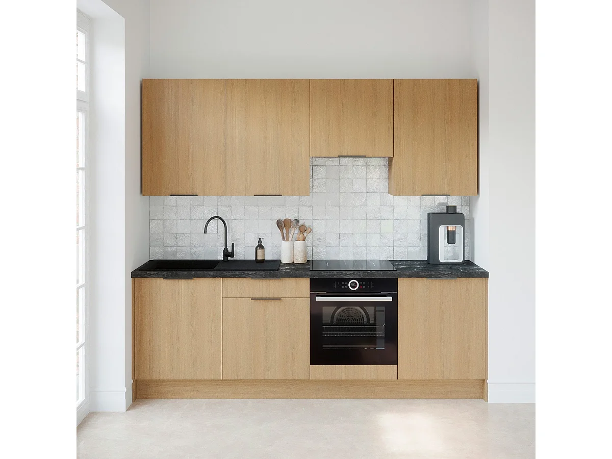 Ensemble de 8 meubles de cuisine - L. 245 cm - chêne clair - Sierra