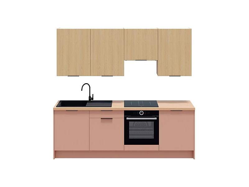 Ensemble de 8 meubles de cuisine - L. 245 cm - abricot et chêne clair cannelé - Luzia Mix