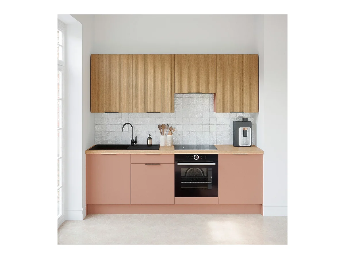 Ensemble de 8 meubles de cuisine - L. 245 cm - abricot et chêne clair cannelé - Luzia Mix