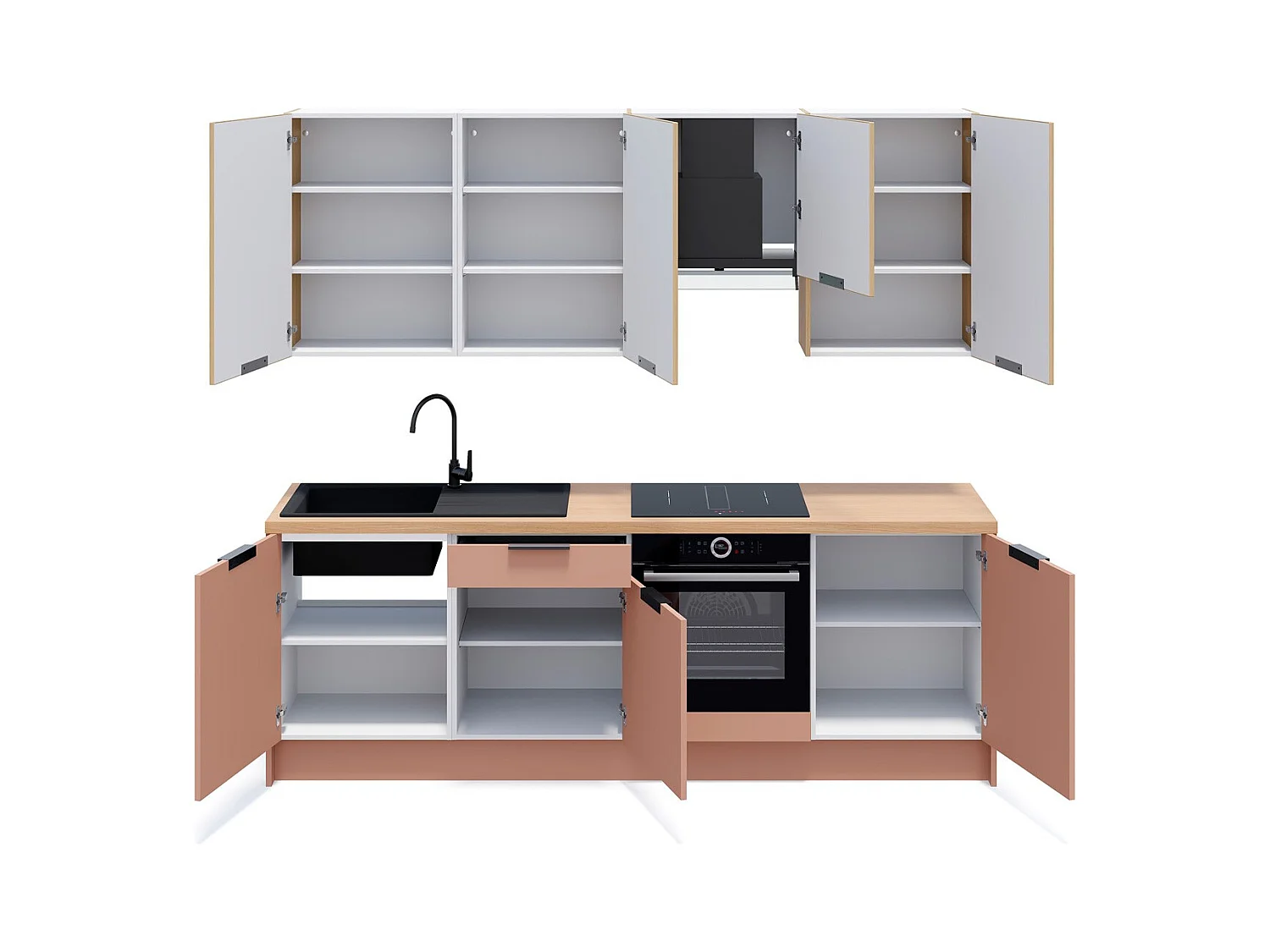 Ensemble de 8 meubles de cuisine - L. 245 cm - abricot et chêne clair cannelé - Luzia Mix