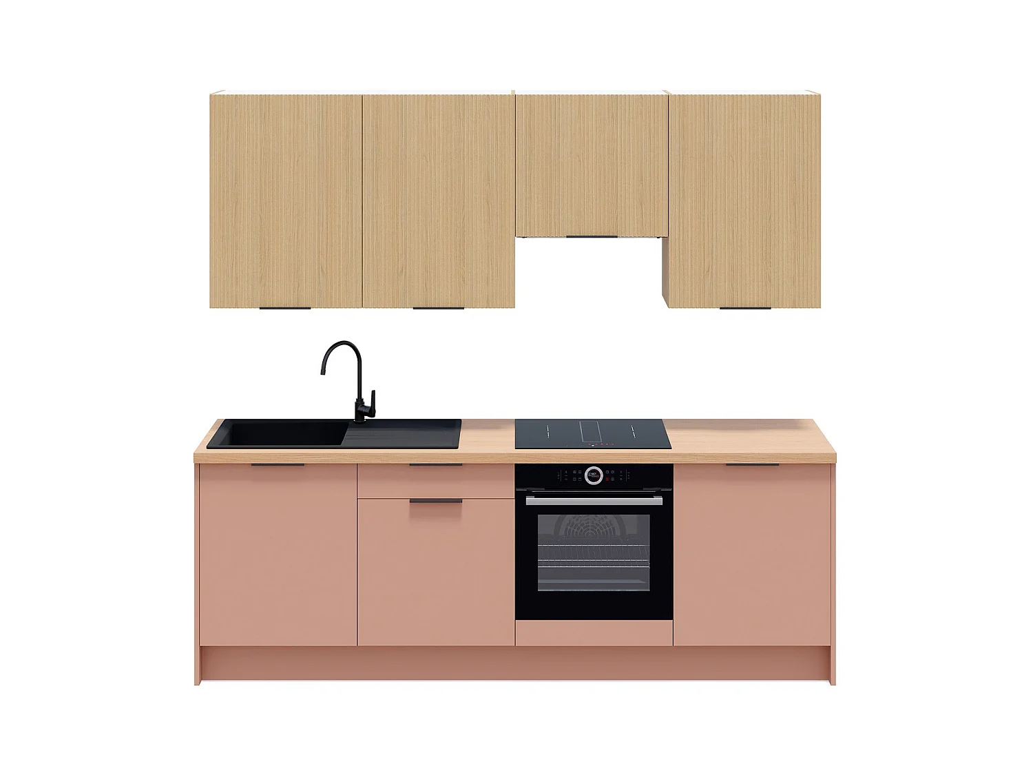 Ensemble de 8 meubles de cuisine - L. 245 cm - abricot et chêne clair cannelé - Luzia Mix
