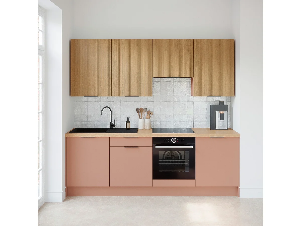 Ensemble de 8 meubles de cuisine - L. 245 cm - abricot et chêne clair cannelé - Luzia Mix