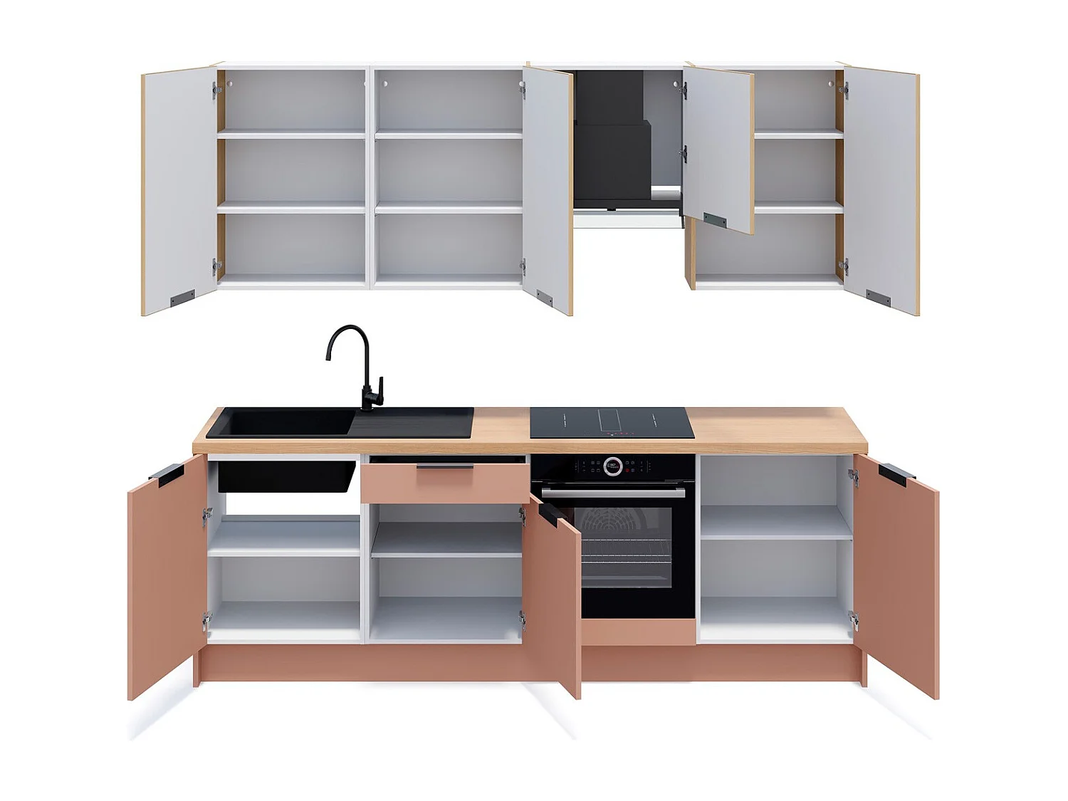 Ensemble de 8 meubles de cuisine - L. 245 cm - abricot et chêne clair cannelé - Luzia Mix