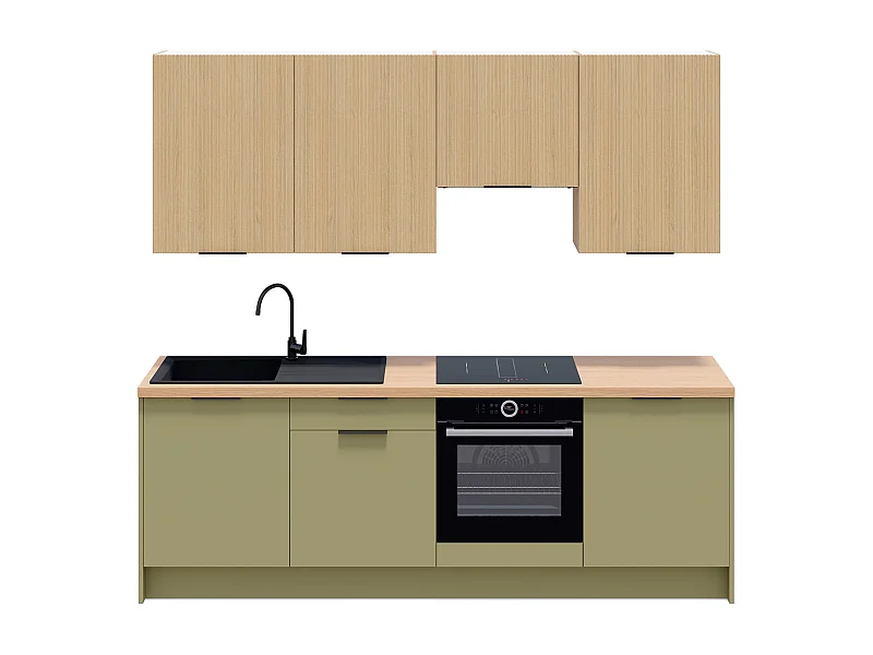 Ensemble de 8 meubles de cuisine - L. 245 cm - vert olive et chêne clair cannelé - Luzia Mix