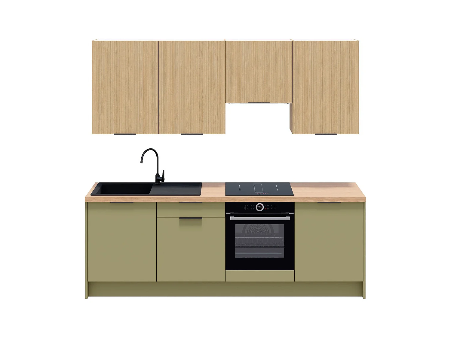 Ensemble de 8 meubles de cuisine - L. 245 cm - vert olive et chêne clair cannelé - Luzia Mix