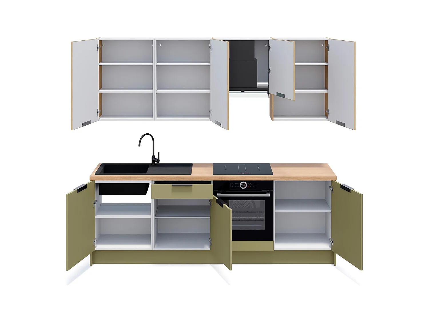 Ensemble de 8 meubles de cuisine - L. 245 cm - vert olive et chêne clair cannelé - Luzia Mix