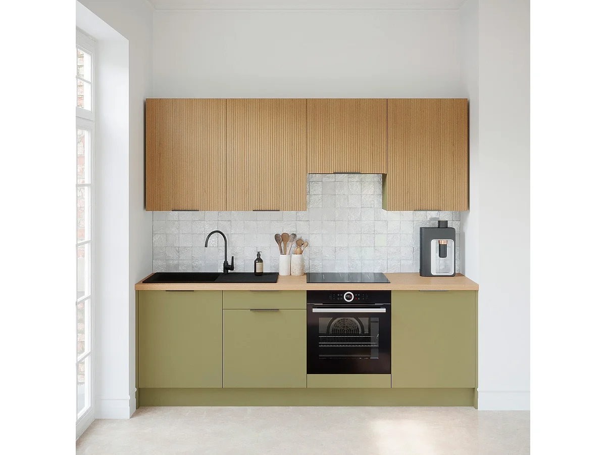 Ensemble de 8 meubles de cuisine - L. 245 cm - vert olive et chêne clair cannelé - Luzia Mix