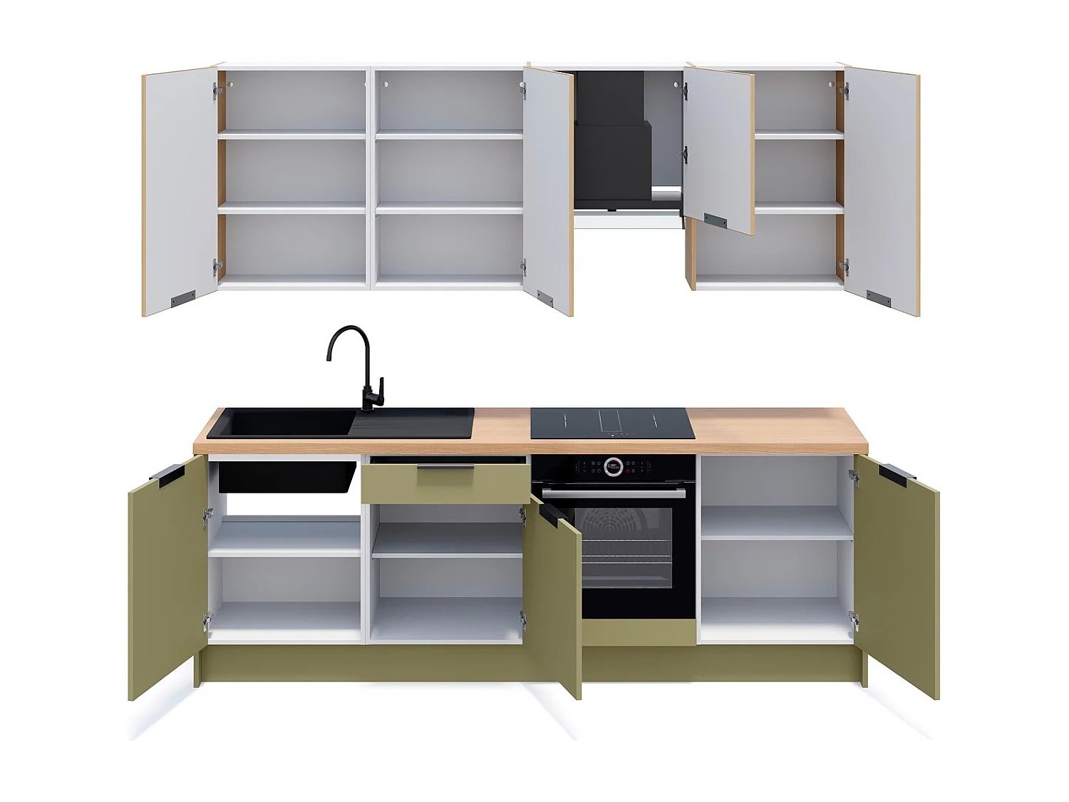 Ensemble de 8 meubles de cuisine - L. 245 cm - vert olive et chêne clair cannelé - Luzia Mix