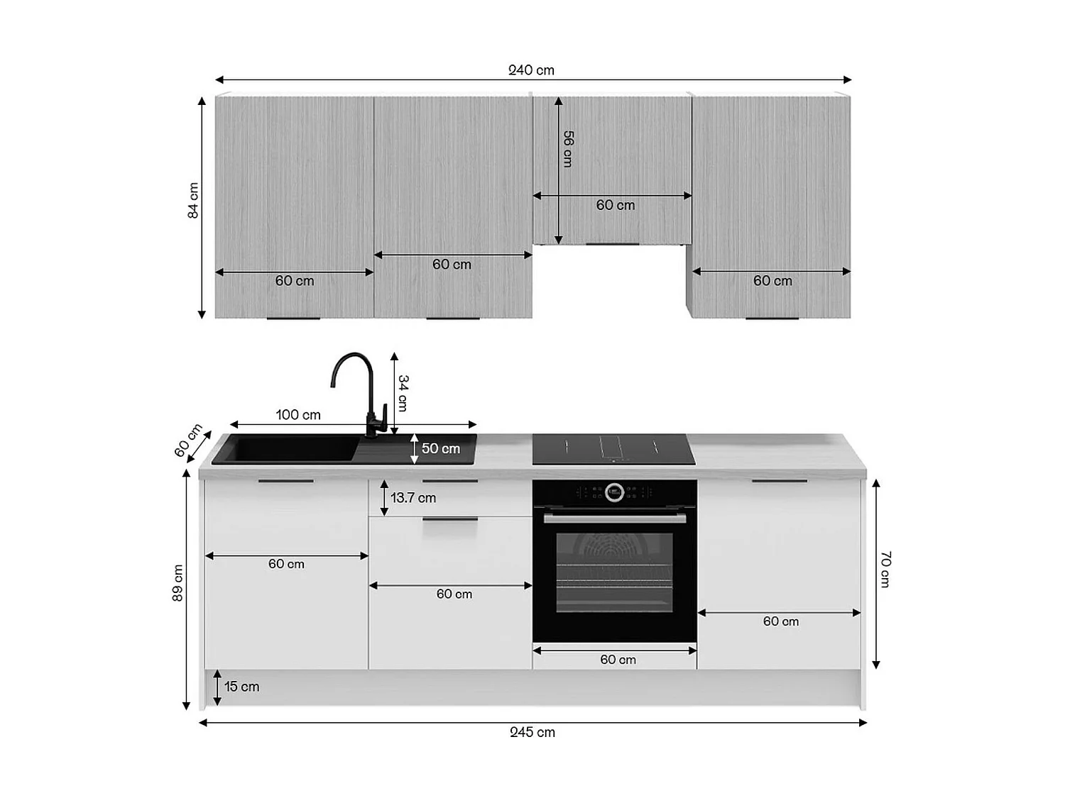 Ensemble de 8 meubles de cuisine - L. 245 cm - abricot - Luzia