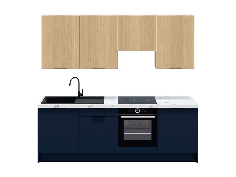 Ensemble de 8 meubles de cuisine - L. 245 cm - bleu marine et chêne clair cannelé - Luzia Mix