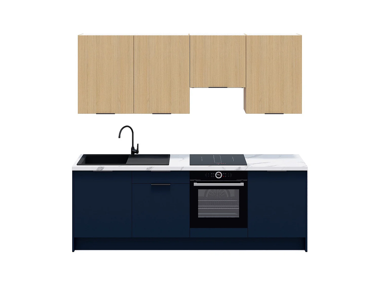 Ensemble de 8 meubles de cuisine - L. 245 cm - bleu marine et chêne clair cannelé - Luzia Mix