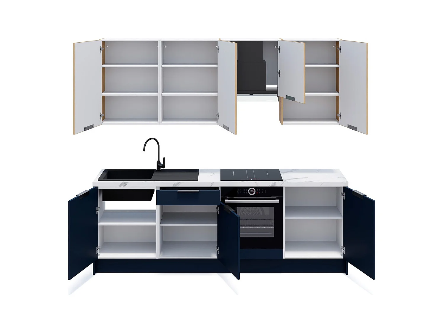 Ensemble de 8 meubles de cuisine - L. 245 cm - bleu marine et chêne clair cannelé - Luzia Mix