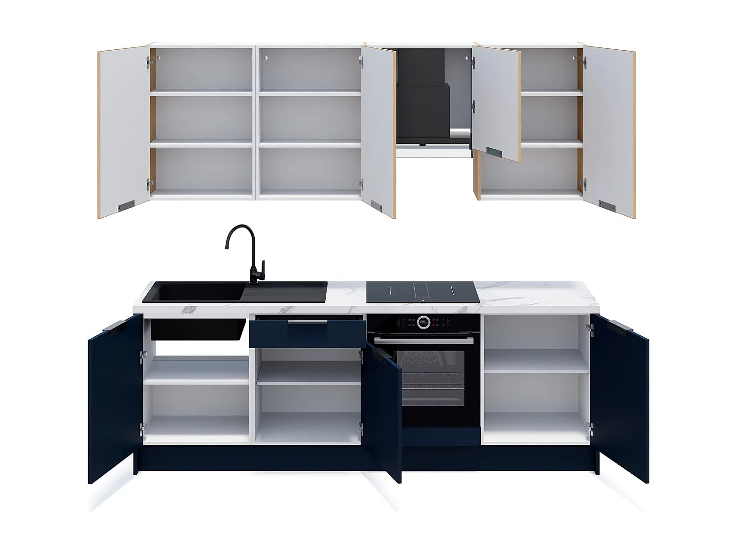 Ensemble de 8 meubles de cuisine - L. 245 cm - bleu marine et chêne clair cannelé - Luzia Mix