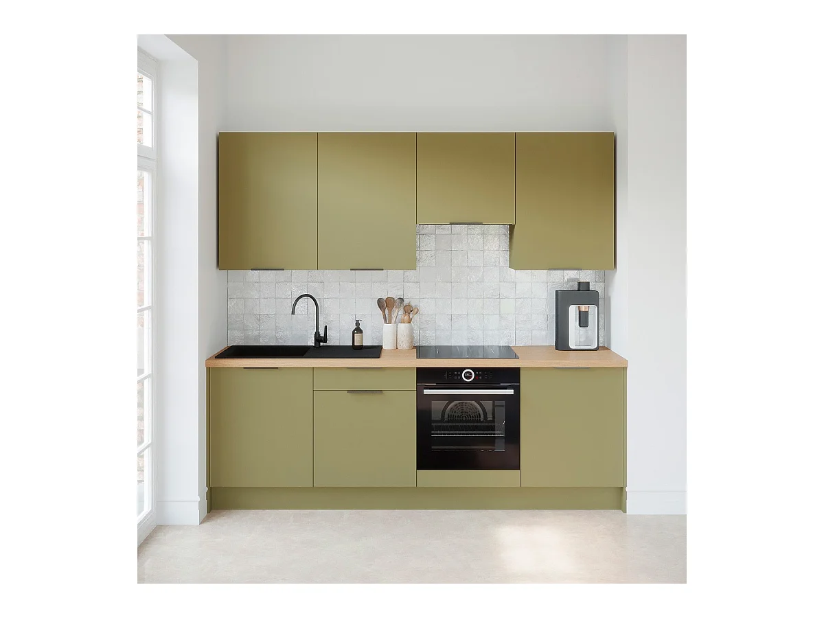 Ensemble de 8 meubles de cuisine - L. 245 cm - vert olive - Luzia