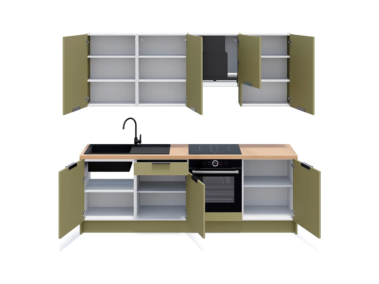 Ensemble de 8 meubles de cuisine - L. 245 cm - vert olive - Luzia