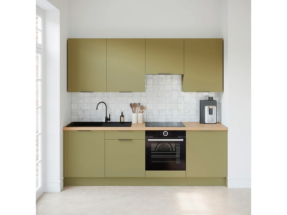 Ensemble de 8 meubles de cuisine - L. 245 cm - vert olive - Luzia
