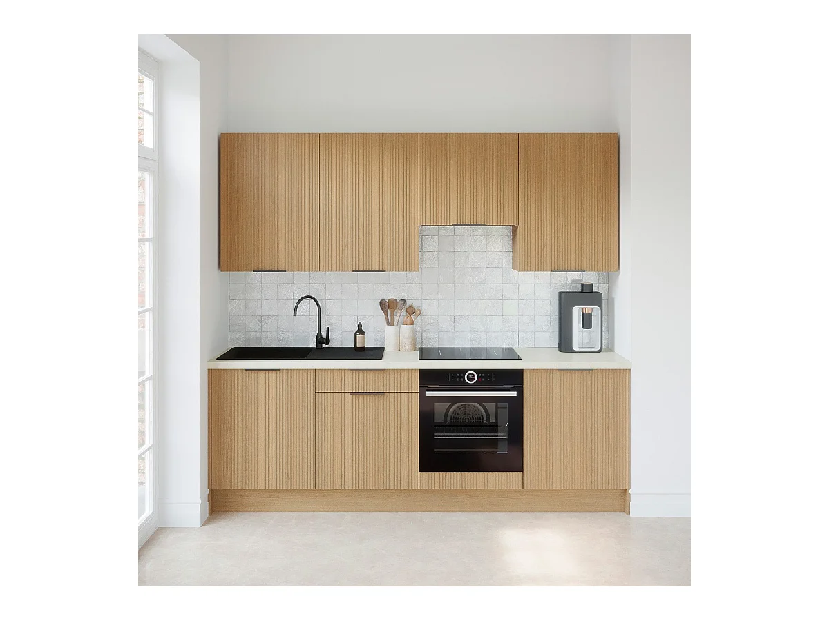 Ensemble de 8 meubles de cuisine - L. 245 cm - chêne clair cannelé - Sierra Mix