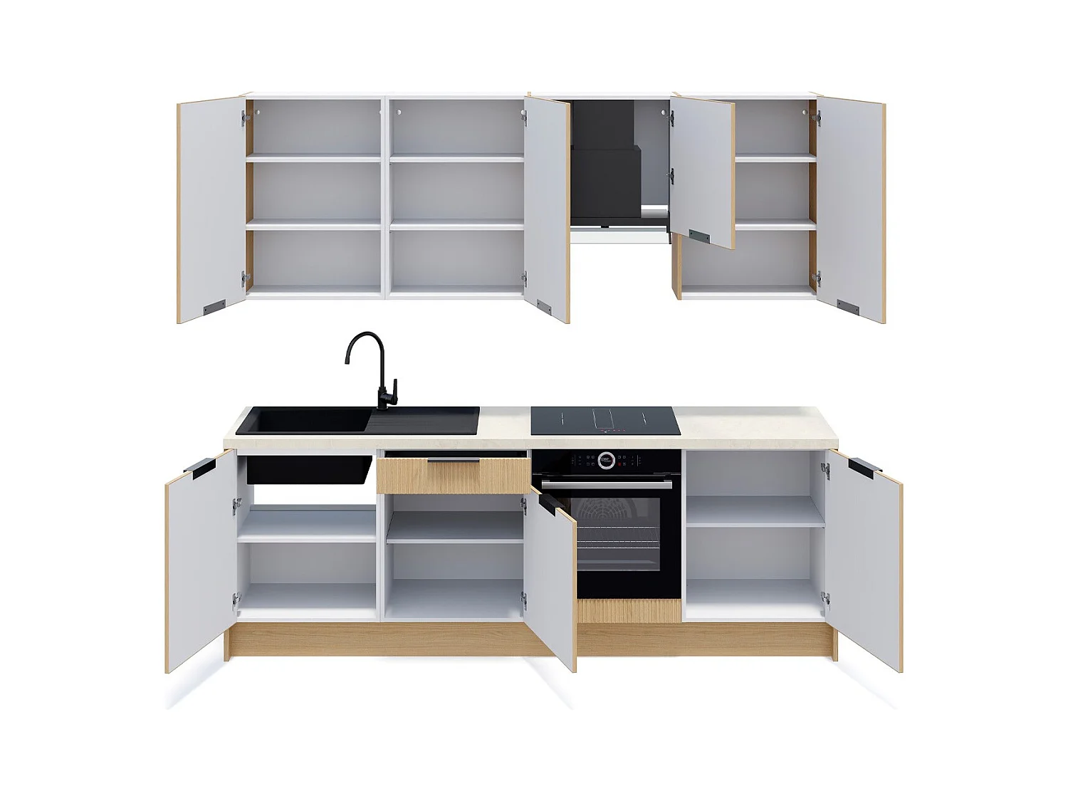 Ensemble de 8 meubles de cuisine - L. 245 cm - chêne clair cannelé - Sierra Mix