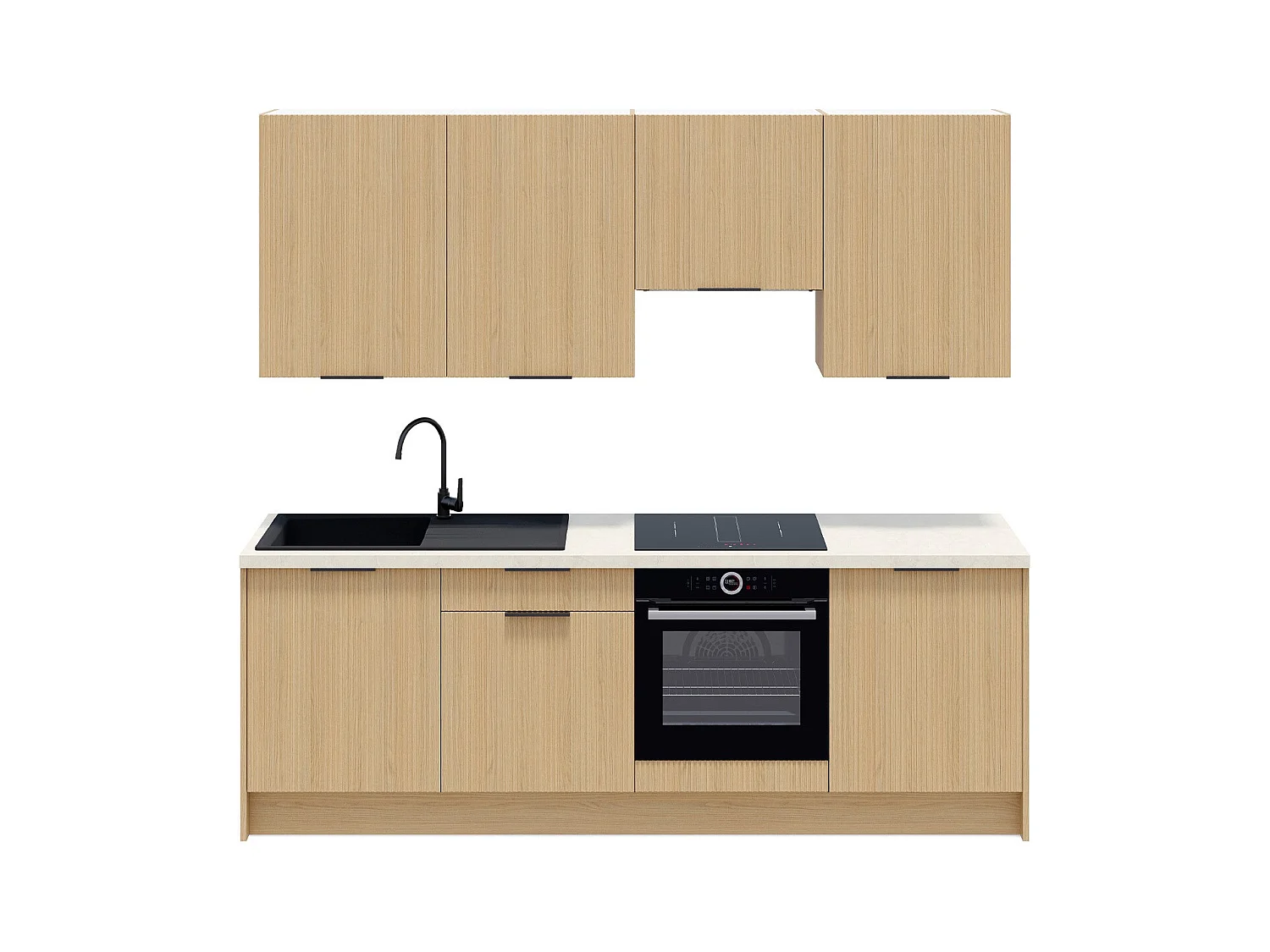 Ensemble de 8 meubles de cuisine - L. 245 cm - chêne clair cannelé - Sierra Mix
