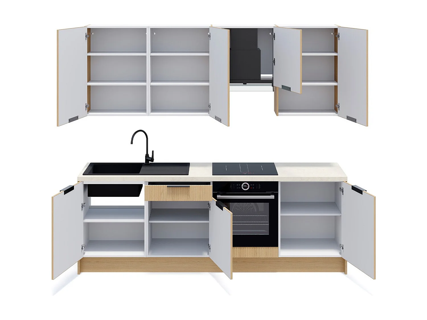 Ensemble de 8 meubles de cuisine - L. 245 cm - chêne clair cannelé - Sierra Mix