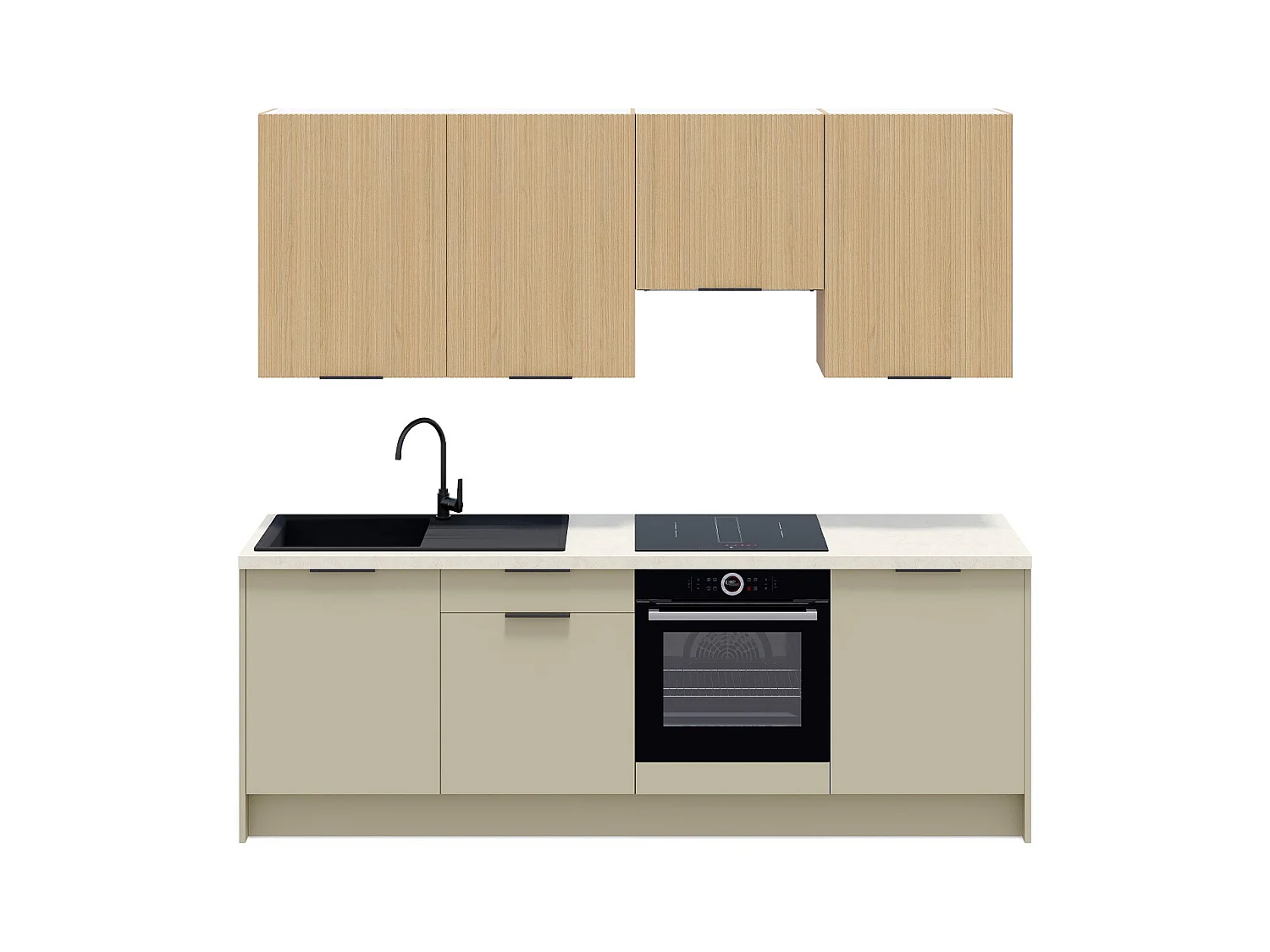 Ensemble de 8 meubles de cuisine - L. 245 cm - vert sauge et chêne clair cannelé - Luzia Mix
