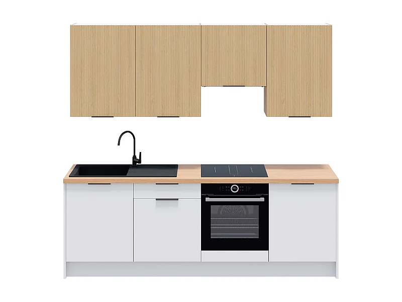 Ensemble de 8 meubles de cuisine - L. 245 cm - blanc et chêne clair cannelé - Luzia Mix