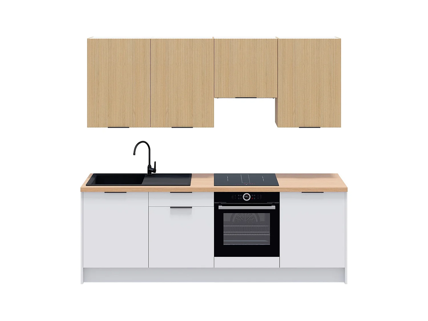 Ensemble de 8 meubles de cuisine - L. 245 cm - blanc et chêne clair cannelé - Luzia Mix