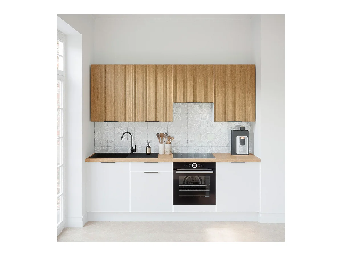 Ensemble de 8 meubles de cuisine - L. 245 cm - blanc et chêne clair cannelé - Luzia Mix