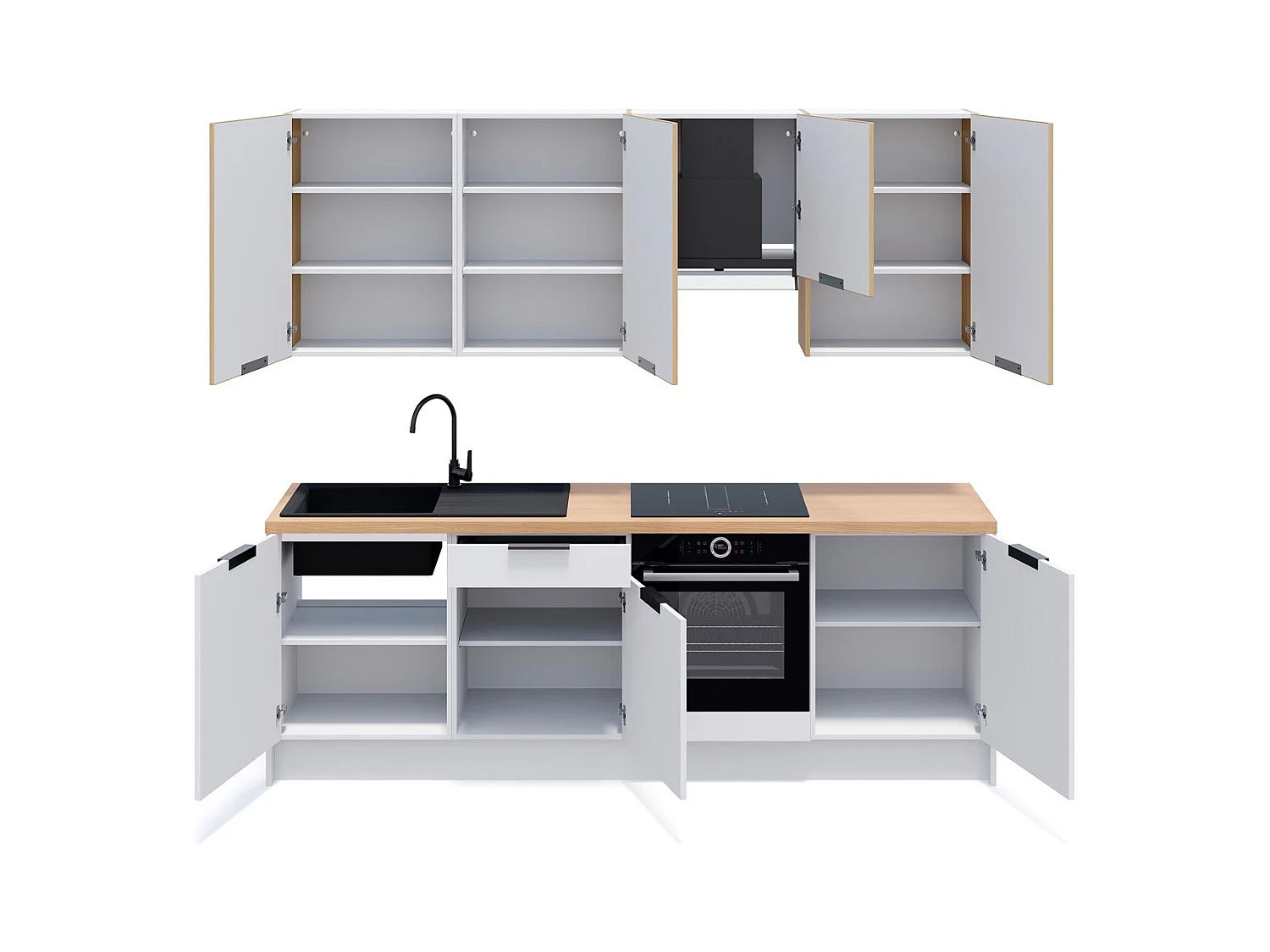 Ensemble de 8 meubles de cuisine - L. 245 cm - blanc et chêne clair cannelé - Luzia Mix