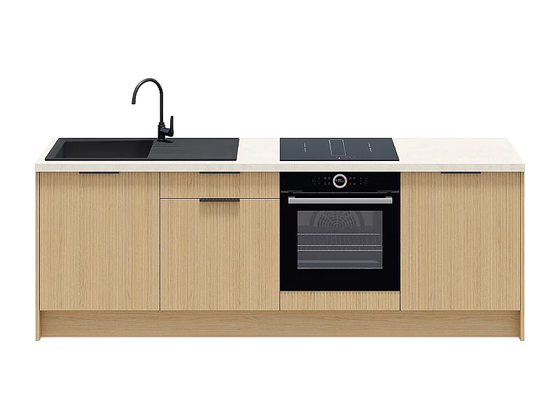 Meubles bas de cuisine - L. 245 cm - chêne clair cannelé - Sierra Mix